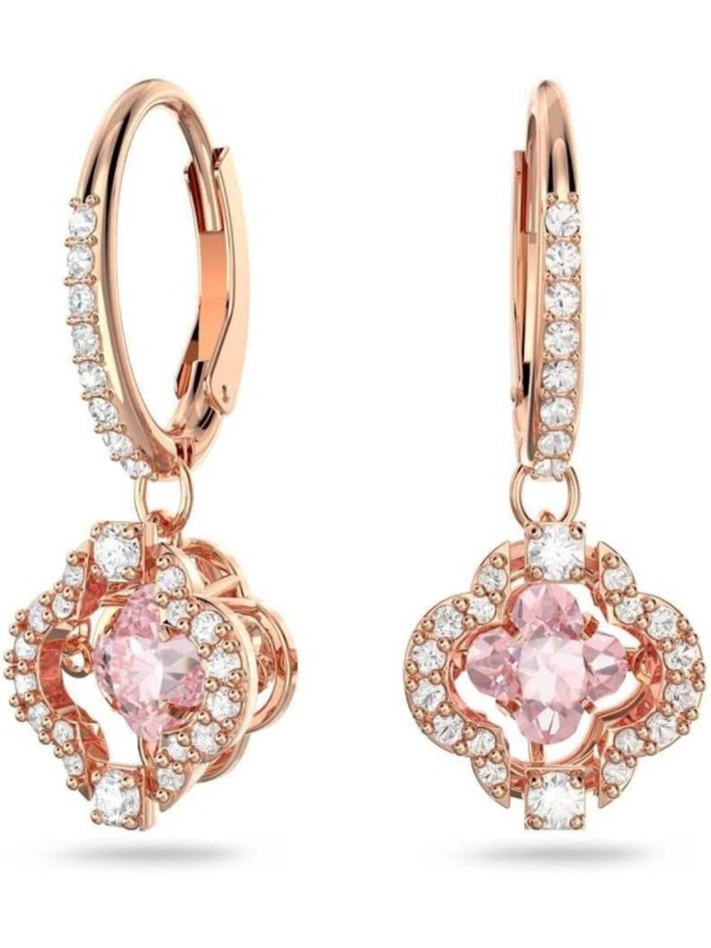 Elegant Pink Stone Earrings with Clear Crystal Pavé, Rose Gold Tone Finish